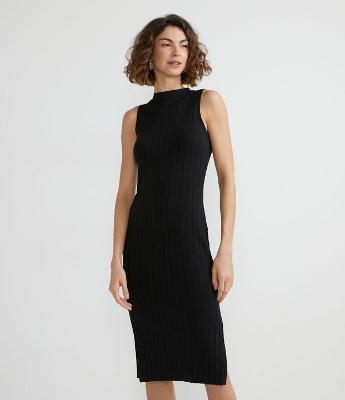 Vestido Midi em Viscose com Golinha Alta Básico e Canelado