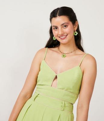 Blusa Cropped de Alça em Linho com Pipping Contrastante