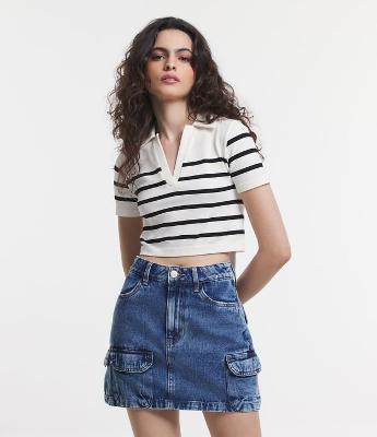 Blusa Cropped Canelada com Listras e sem Costura