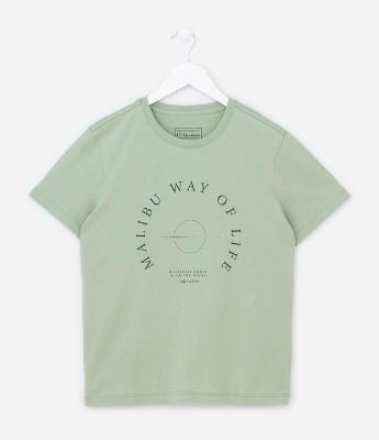 Camiseta Infantil com Lettering Malibu Estampado - Tam 05 a 14 Anos