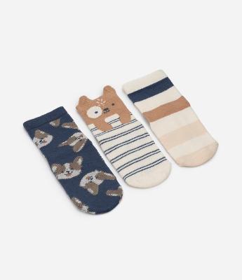 Kit 03 Meias Infantis em Algodão Peluciado com Estampa de Bichinhos - Tam 0 a 12 Meses