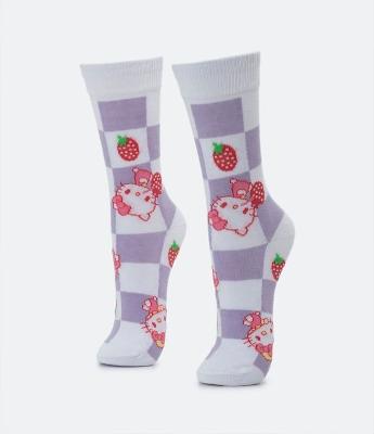 Meia Cano Alto com Estampa Hello Kitty com Morangos