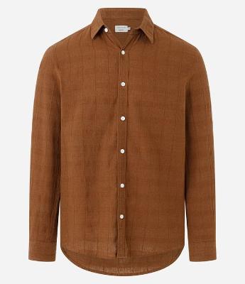 Camisa Regular em Linho com Textura Grid e Manga Longa