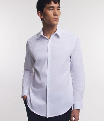 Camisa Regular Social em Algodão com Textura de Listras
