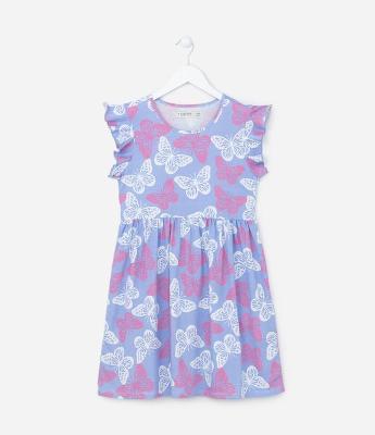 Vestido Infantil com Babadinhos e Estampa de Borboletas - Tam 5 A 14
