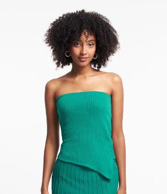 Blusa Tomara que Caia em Tricô com Barra Assimétrica
