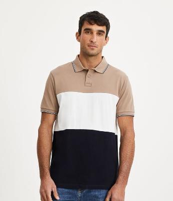 Camisa Polo Regular em Algodão com Blocos de Cor e Manga Curta