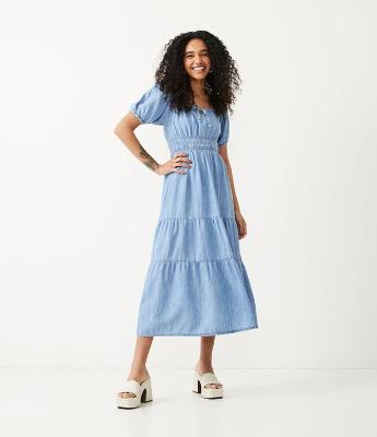Vestido Midi Jeans com Manga Bufante e Marias na Saia