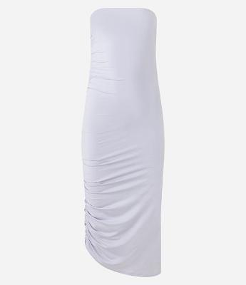 Vestido Midi em Meia Malha Tomara que Caia com Franzido na Lateral