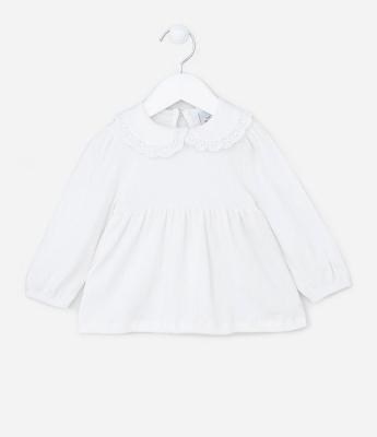Blusa Manga Longa Infantil com Gola Boneca Broderie - Tam 3 a 18 meses