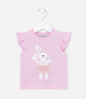 Blusa Manga de Babadinho Infantil com Estampa de Coelinha - Tam 1 a 5 anos