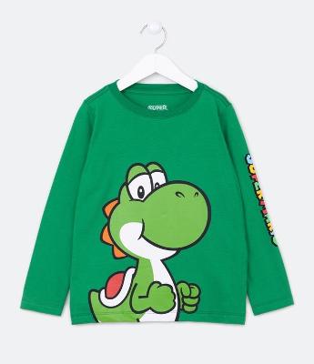 Camiseta Infantil com Estampa Yoshi e Lettering na Manga - Tam 3 a 10 Anos
