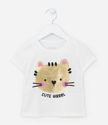 Blusa Infantil Manga Curta com Estampa de Gato - Tam 1 a 5 anos
