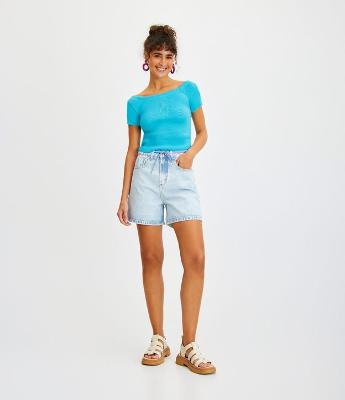 Short Mom Jeans Cintura Alta com Cordão na Cintura e Barra Dobrada