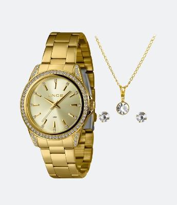 Kit Relógio Lince Feminino Analógico com Pulseira e Caixa em Metal Dourado LRGJ160L40 KATEC1KX