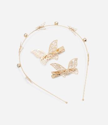 Kit com Tiara e Presilhas em Metal com Formato de Borboletas