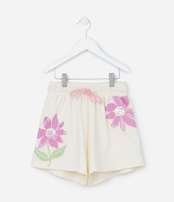 Short Infantil em Moletom com Estampa de Flores e Paetês - Tam 5 a 14 Anos