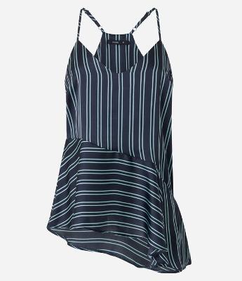 Blusa de Alça em Tecido Acetinado Listrado com Barra Assimétrica