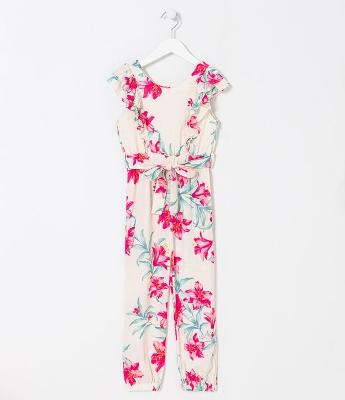 Macacão Infantil Longo em Viscose com Estampa Floral - Tam 5 a 14 anos
