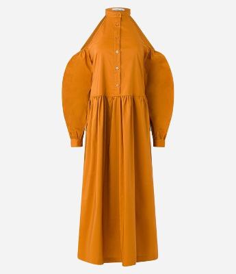 Vestido Midi em Tricoline com Abertura no Ombro e Manga Bufante