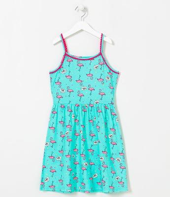 Vestido Infantil em Cotton com Alcinhas e Estampa de Flamingos - Tam 5 a 14 anos
