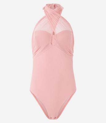 Body em Crepe com Tule e Decote Cruzado