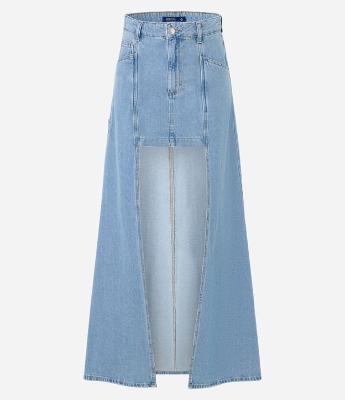 Saia Longa Jeans com Recorte Frontal Curto