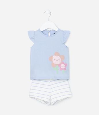 Conjunto Infantil em Algodão Estampa de Florzinhas com Glitter - Tam 0 a 18 meses