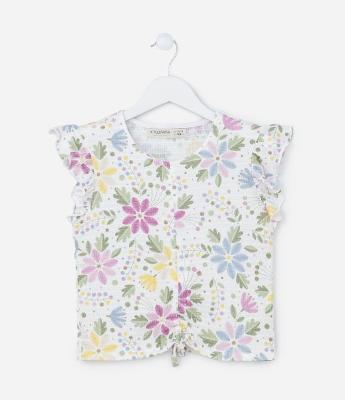 Blusa Infantil Texturizada com Amarração Frontal e Estampa Floral - Tam 5 a 14 anos