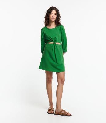 Vestido Curto em Algodão com Nó Central e Recorte Vazado