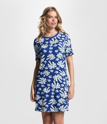 Vestido T-shirt Curto em Viscose com Estampa Coqueiros