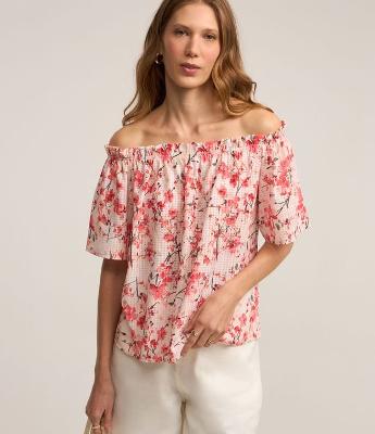 Blusa Ombro a Ombro em Viscose com Estampa Floral