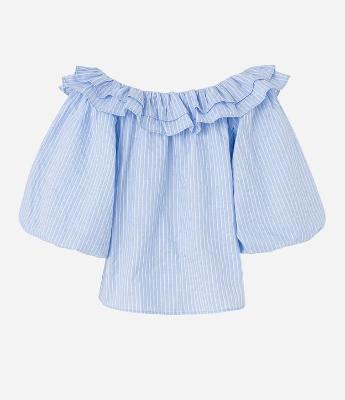 Blusa Ombro a Ombro em Tricoline com Babados e Estampa Listrada