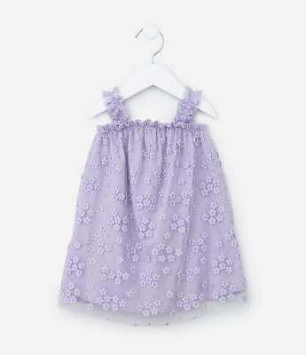 Vestido Infantil em Tule com Estampa de Florzinhas com Glitter - Tam 0 a 18 meses