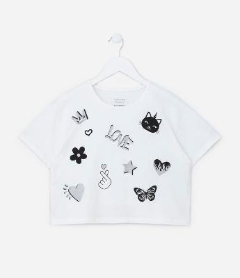Camiseta T-Shirt Cropped com Estampa de Doodles - Tam 5 a 14 Anos
