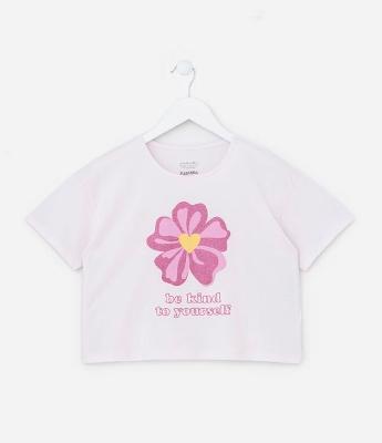 Camiseta T-shirt Cropped com Estampa de Flor com Glitter - Tam 5 a 14 Anos