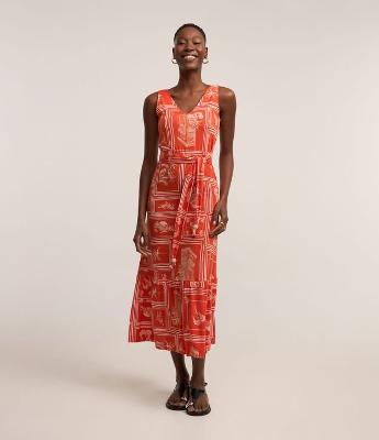 Vestido New Midi em Viscose com Amarração na Cintura