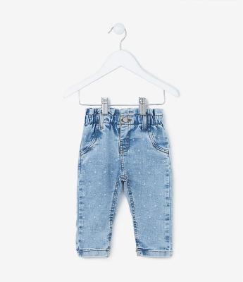 Calça Clochard Infantil em Jeans com Estampa em Poá - Tam 3 a 18 Meses