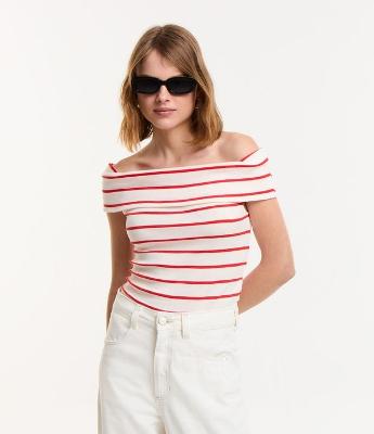 Blusa em Ribana Ombro a Ombro e Listras