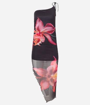 Vestido New Midi em Tule Assimétrico e Estampa de Flor