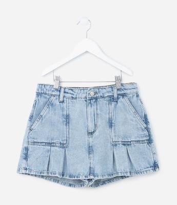 Short Saia Infantil em Jeans com Pregas e Bolsos - Tam 5 a 14 Anos