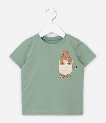 Camiseta Comfort Infantil com Estampa de Hipopótamo no Bolsinho - Tam 1 a 5 anos