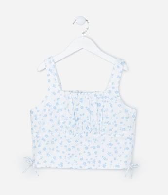Blusa Cropped Infantil em Viscose Floral com Lacinhos e Lastex - Tam 5 a 14 anos