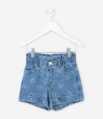 Short Infantil em Jeans com Estampa de Corações - Tam 1 a 5 Anos