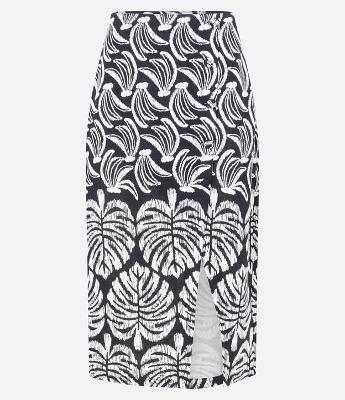 Saia Midi em Viscose e Linho com Fenda e Estampa Bananinhas