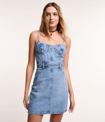 Vestido Curto de Alça em Jeans com Busto Corset