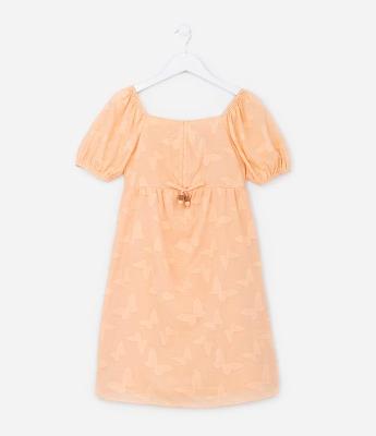 Vestido Infantil com Lacinho Frontal e Textura de Borboletas - Tam 5 a 14 Anos