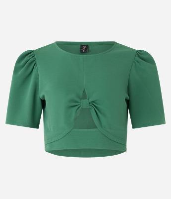Blusa Cropped em Crepe com Manga Bufante e Detalhe Vazado