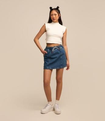 Saia em Jeans com Lastex e Amarração no Cós