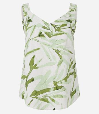 Blusa Sem Manga em Viscolinho com Folhagens Estampadas